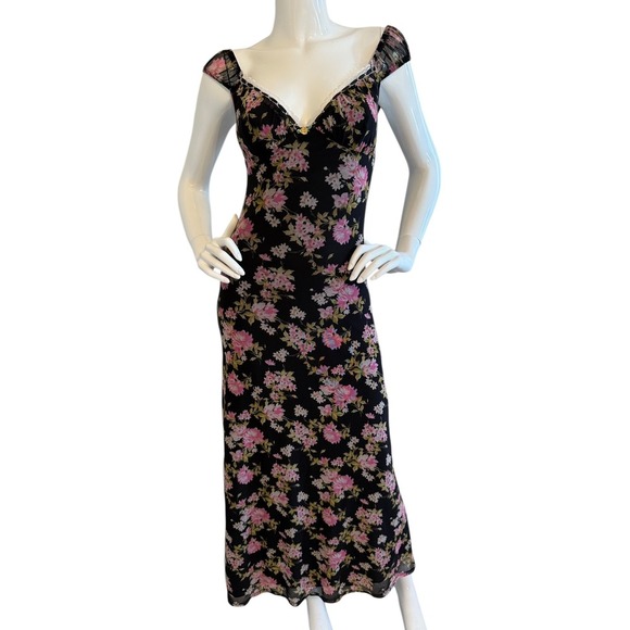 PrettyLittleThing Dresses & Skirts - Vintage 90s Y2K Floral Mesh Dress Black Sz Small Ribbon Lace Rose